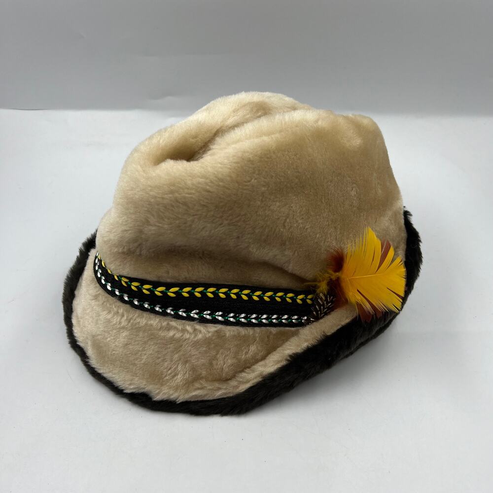 Vintage Made In USA Faux Fur Braided Band Feather Accent Ear Flaps Fedora‎ Hat